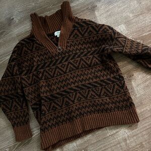 Aerie Rust Brown and Black Patterned Pullover Quarter Zip Sweater